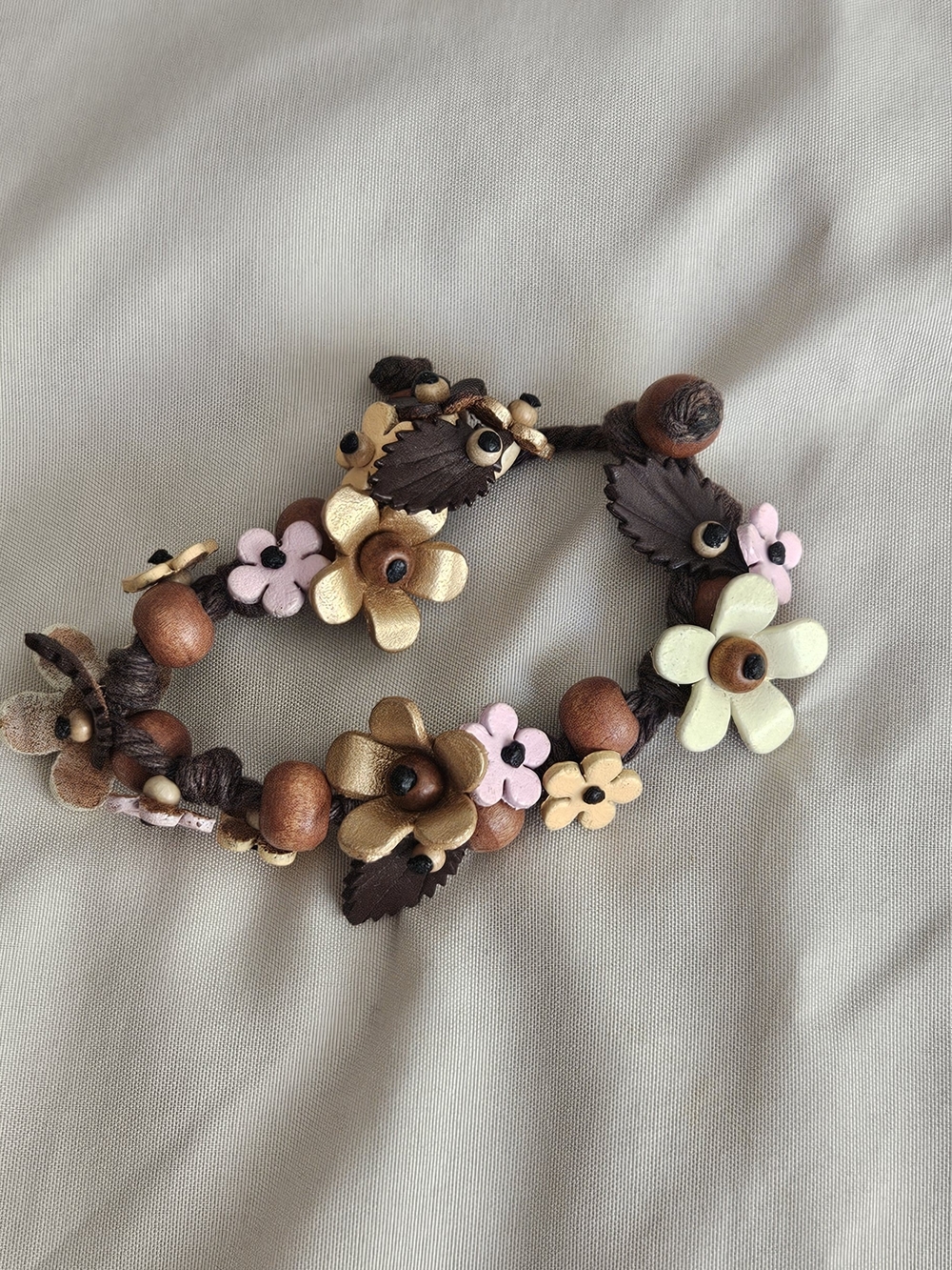 Vintage Carved Wood Floral Bracelet Braided Cord